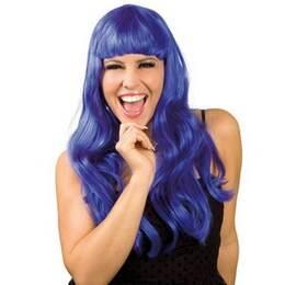 Pruik lang haar met pony blauw
