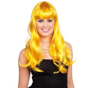 Pruik lang haar met pony geel