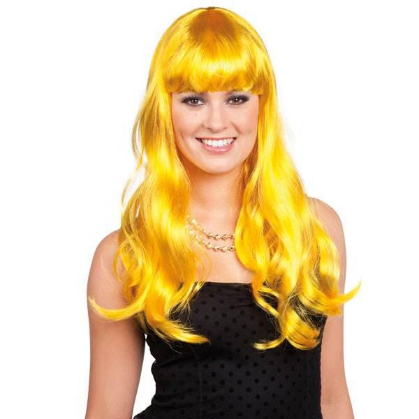 Pruik lang haar met pony geel