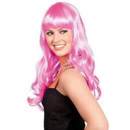 Pruik lang haar met pony roze