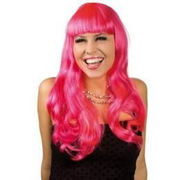 Pruik lang haar met pony knalroze