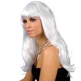 Pruik lang haar met pony wit